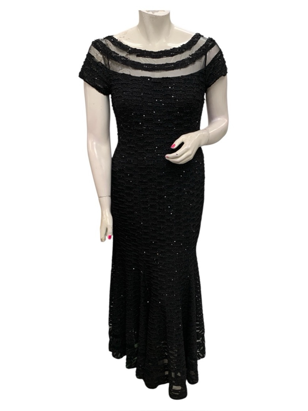 JS Collections NWT Black Sequin Illusion-Yoke Maxi Gown Size L